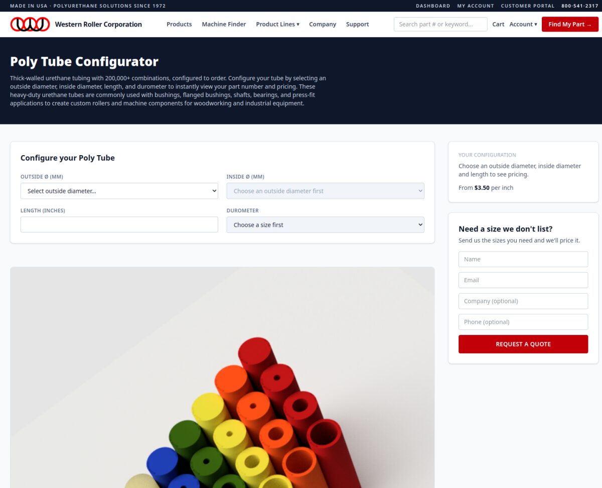 The Poly Tube configurator, pricing a made-to-order tube as each dimension is chosen