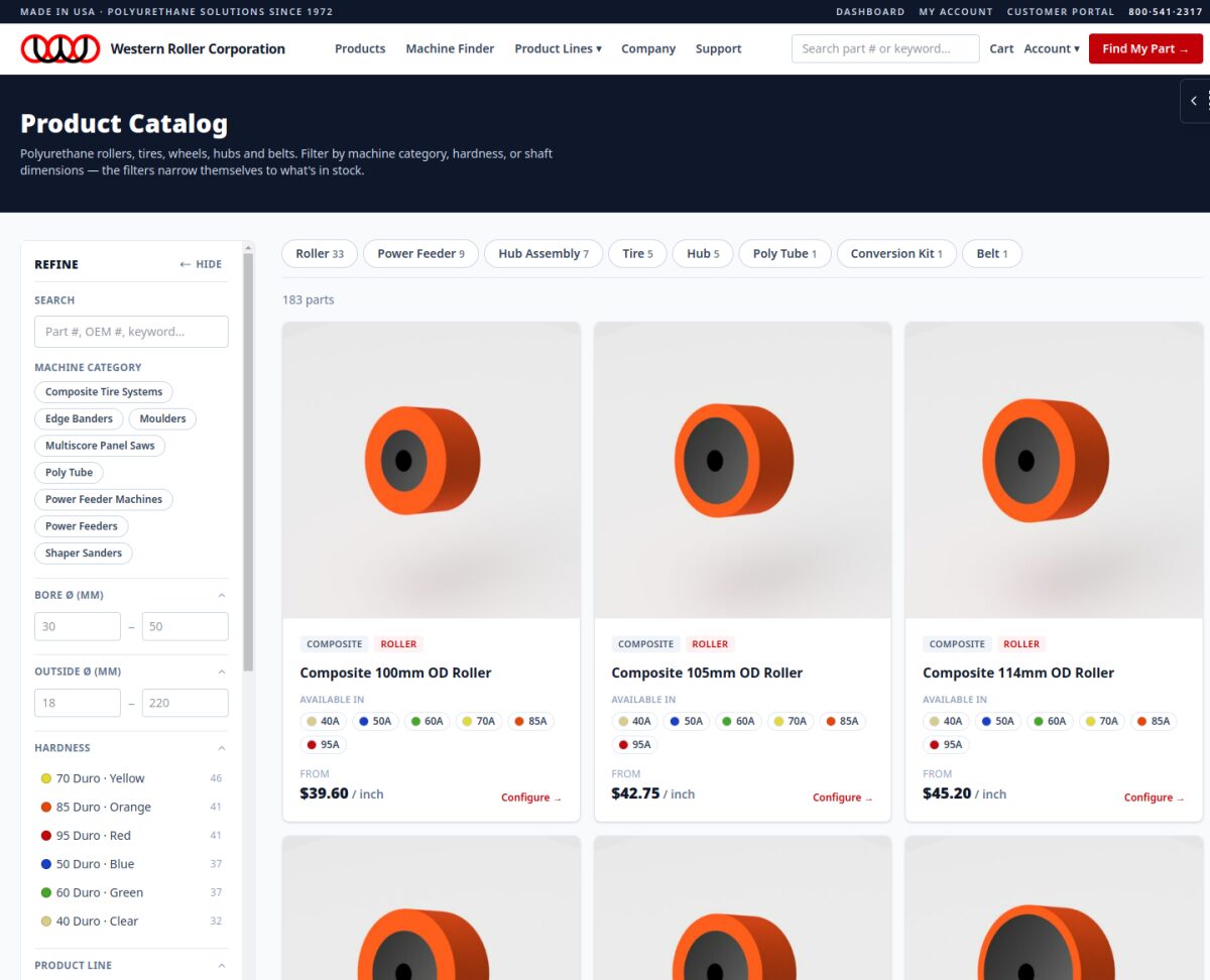 The product catalog, filtered by machine category, hardness and shaft dimensions